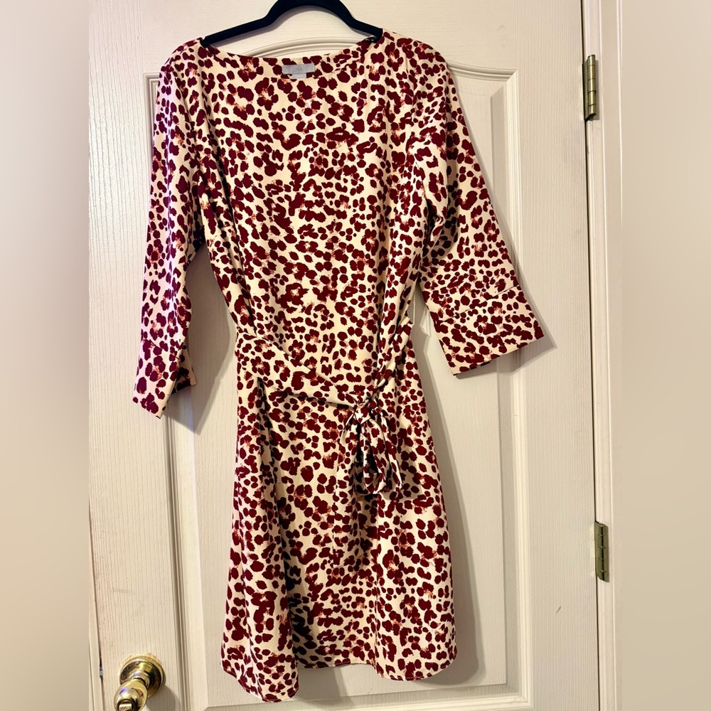 H&M Red & Cream Animal Print Tie-Waist Dress | Size 12 | 3/4 Sleeve